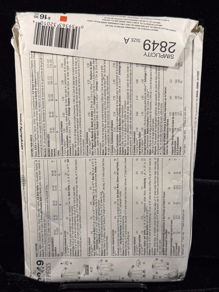 Vtg Simplicity 2849 Clown Costume Sewing Pattern Adult XS-XL Uncut Circus Jester - Image 3 of 4