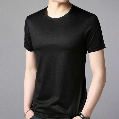 Top de seda color liso cuello redondo de verano manga corta para hombre M-3XL - Imagen 10 de 24