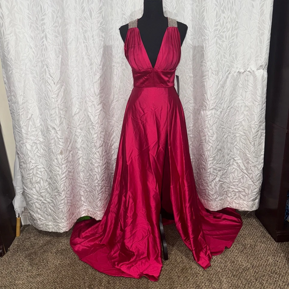 Sherri Hill малиновый атлас официальный скольжения платье размер 2 стиль 91732 серебро бриллиант - Изображение 2 из 4