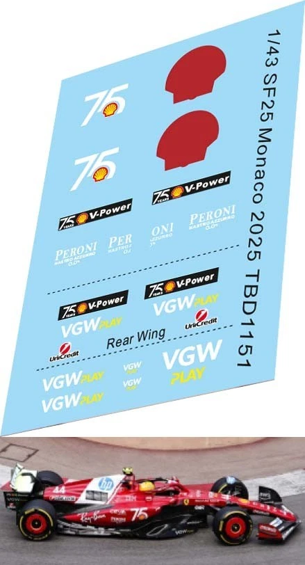 TBDECAL&MODELS 1/43 Decals Conversione per Ferrari SF-25 2025 Monaco TB Decal TBD1151