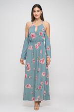 Everly Maxi Dress M Blue Floral Cold Shoulder Cinched Waist Cottagecore BOHO