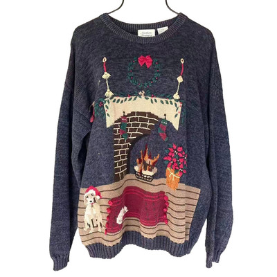 Vintage Ugly Christmas Sweater Grandma Core Fireplace Dog Cotton XL Hong Kong