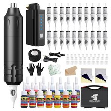 Professional Tattoo Pen Kit with Adjustable Voltage 20 Cartridges in Suitcase