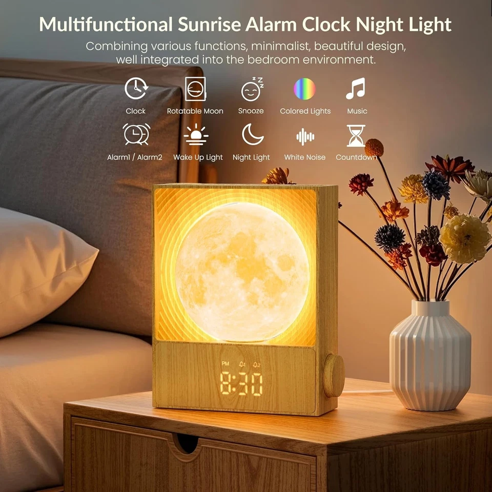 Rotatable Moonlight Sunrise Alarm Clock with Night Lamp, Snooze & Nature Sounds - Image 3 of 4