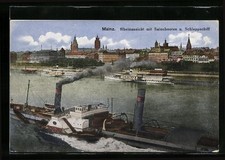 AK Mainz, Rheinansicht mit Salonbooten und Schleppschiff, Seitenraddampfer 