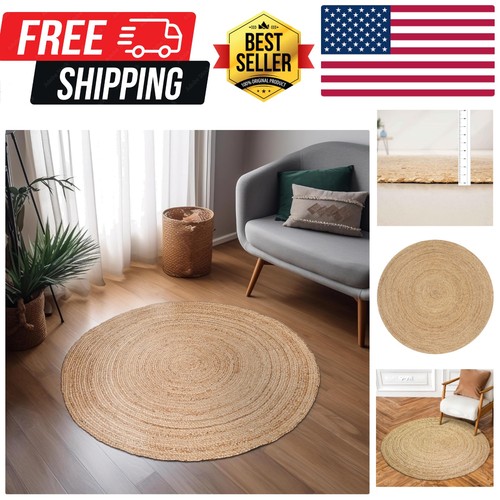 Hand Woven Jute Braided Rug, 3’ Round – Natural, Reversible Boho Entry Area R...
