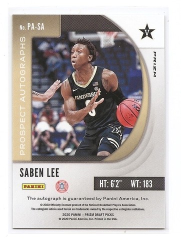 2020-21 Panini Prizm Draft Picks Saben Lee verde Prizm tarjeta automática Commodores - Imagen 2 de 2