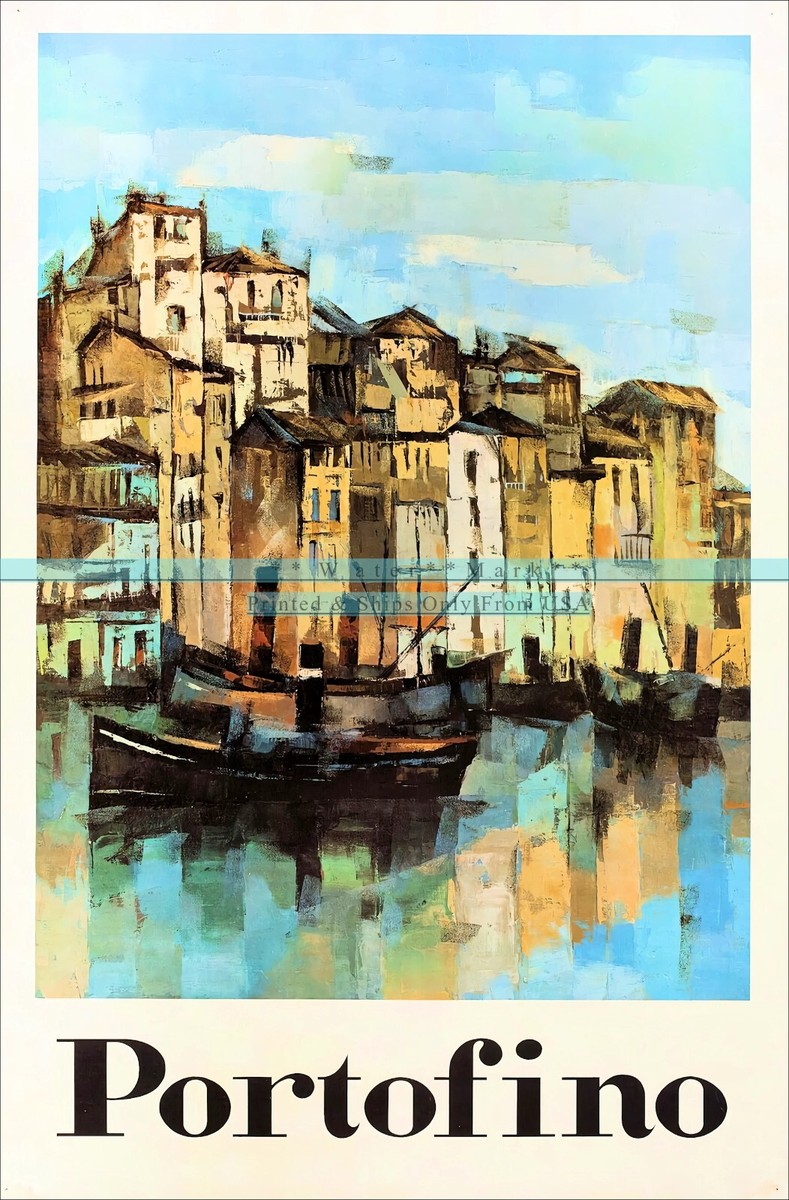 Vintage 1960 Portofino Travel Poster Italian Riviera Harbor Scene
