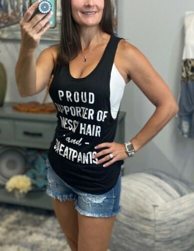 Proud Supporter Of Messy Hair And Sweatpants Boho Armhole Tank Top Black S/M/L - Picture 1 of 7