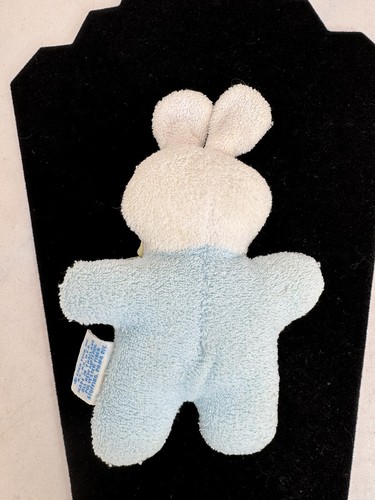 Vintage EDEN Plush BUNNY Rabbit Rattle Terry Cloth White 7” Blue Yellow Bow Tiny - Picture 8 of 15