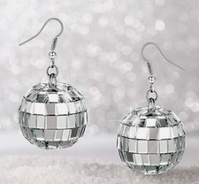 Disco Ball Earrings Silver Mirror Pierced Dance Party Jewelry Dangle Charm Bling