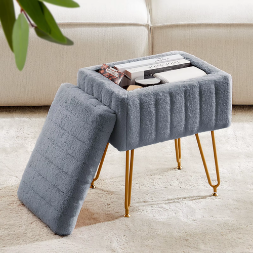 Faux Fur Living Room Hidden Storage Stools & Ottomans Padded Makeup with 4 Metal