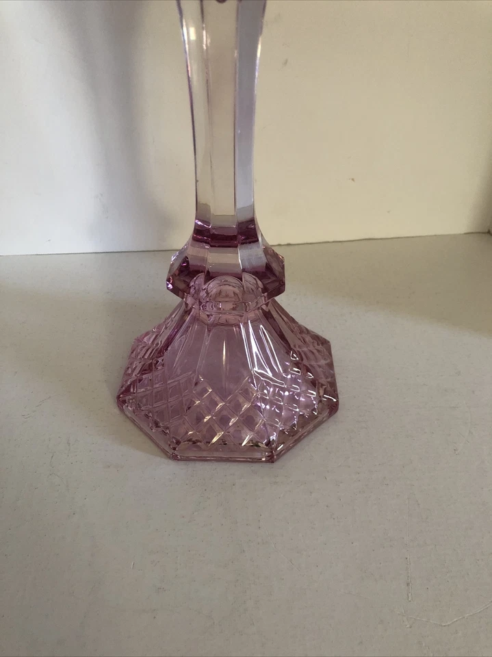 Heavy Long Stem Pink Etched Glass Hurricane Decor 14" Tall - Image 3 of 4