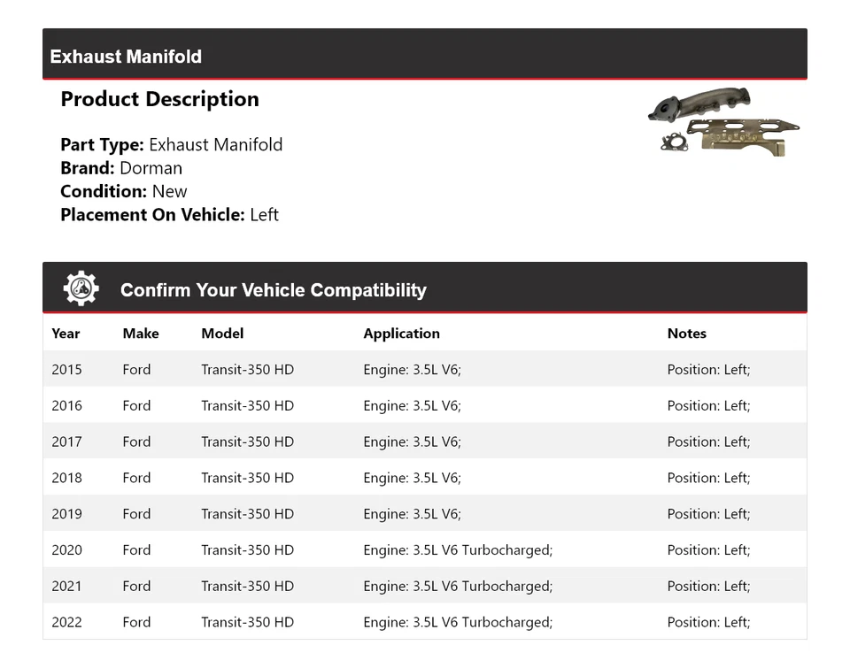 For 2015-2022 Ford Transit-350 HD Dorman Exhaust Manifold Left 2016 2017 2018 - Image 2 of 4