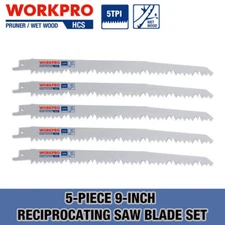WORKPRO 5-Piece 9-Inch Wood Pruning Reciprocating Saw Blade Set, 5TPI Silver NEW