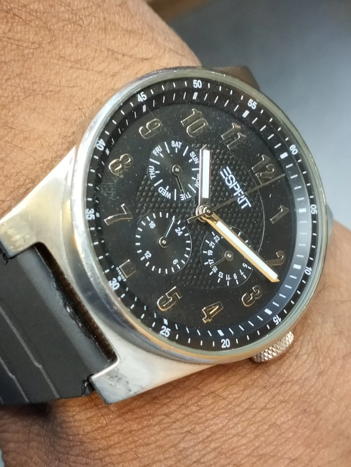 RELOJ ESPRIT MULTIFUNCIÓN CUARZO ESFERA NEGRA 101912 HOMBRE COMPLETO FUNCIONANDO VINTAGE Foto 4 de 4