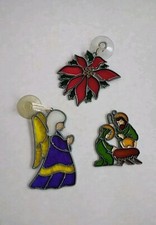 Set of 3 Vtg Christmas Leaded Stained Glass Suncatcher Ornaments Nativity Angel