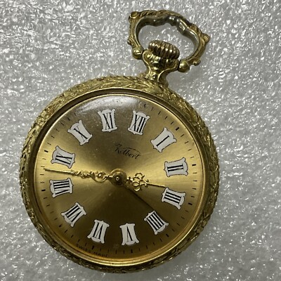 Vintage Gold Tone Kelbert Floral Pocket Watch 17 Jewels (Plaque
