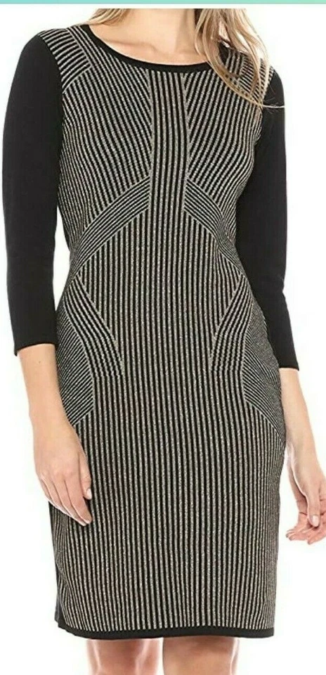 ⭐️VESTIDO SUÉTER DE PUNTO NEGRO Y DORADO A RAYAS METALIZADAS BODY CON - NUEVO CON ETIQUETAS - TALLA M Foto 4 de 4