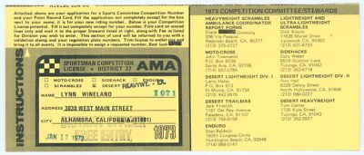 Ama Racing Id Card 1973 American Motorcycle Assn Lynn Wineland District 37 Sportsman ...