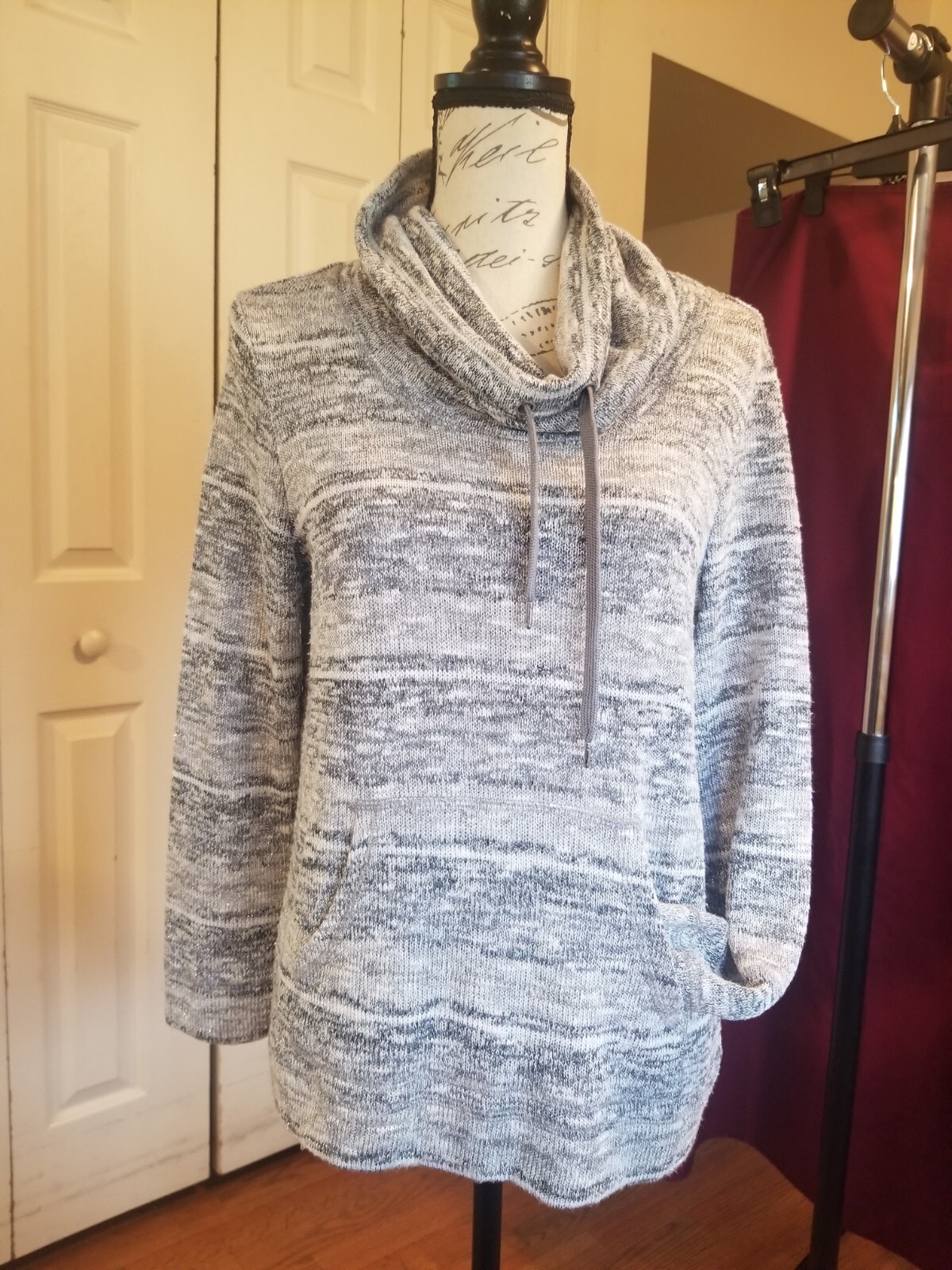 Ruby Rd Sweater Petite Small Gray Silver Drawstri… - image 1
