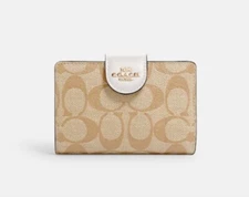NWT Coach Medium Corner Zip Wallet Signature Canvas Gold/Light Khaki/Chalk C0082