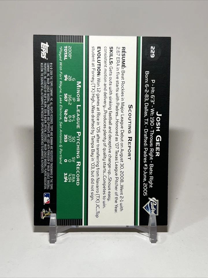 2009 Bowman - Josh Geer #229 (AU) - Image 2 of 2