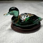 Fenton Medallion Collection Hand Painted Green Glass Duck Figurine Wood Base