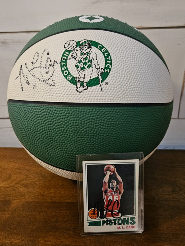 M. L. Carr Signed Celtics Basketball and signed Topps 1977 Basketball Card #47