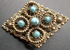 Vintage Gold Tone & Turquoise Filigree Pendant or Brooch Pin