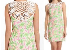 Lilly Pulitzer Lacina Shift Dress Nibbles Pink Green Palm Trees WHITE LACE SZ 4