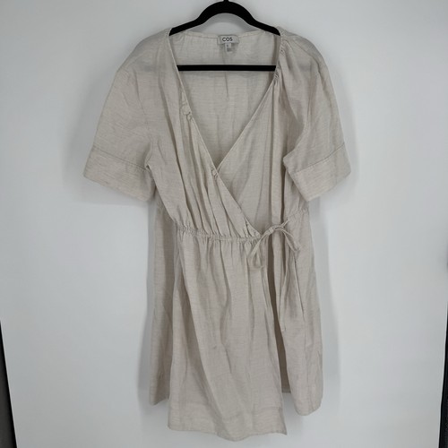 Cos Kleid Medium M Beige Leinen Wickel Mini Minimalistisch Küste Strand Taschen