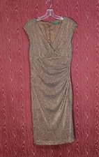 LAUREN RALPH LAUREN DRESS Goldish V-Neck Cap Sleeve Ruffled Waist Evening Dress