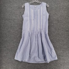 Uniqlo Dress Womens S Small Blue Knee Length Sleeveless Pleated Stripe Belted