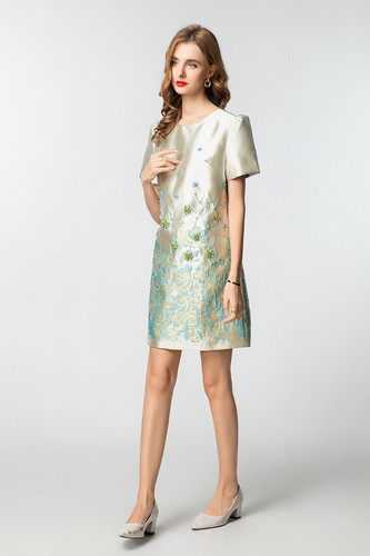 Vestido midi retro de jacquard corto de manga corta con cuello redondo elegante para mujer - Imagen 9 de 13