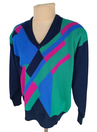 Vintage Pringle Sports Mens Navy Multicolor Wool Knit Sweater Pullover Size M - Picture 4 of 13
