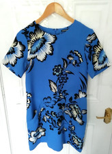 Warehouse Size 10 Blue Black White Floral Textured Dress Pockets Back Zip Ladies
