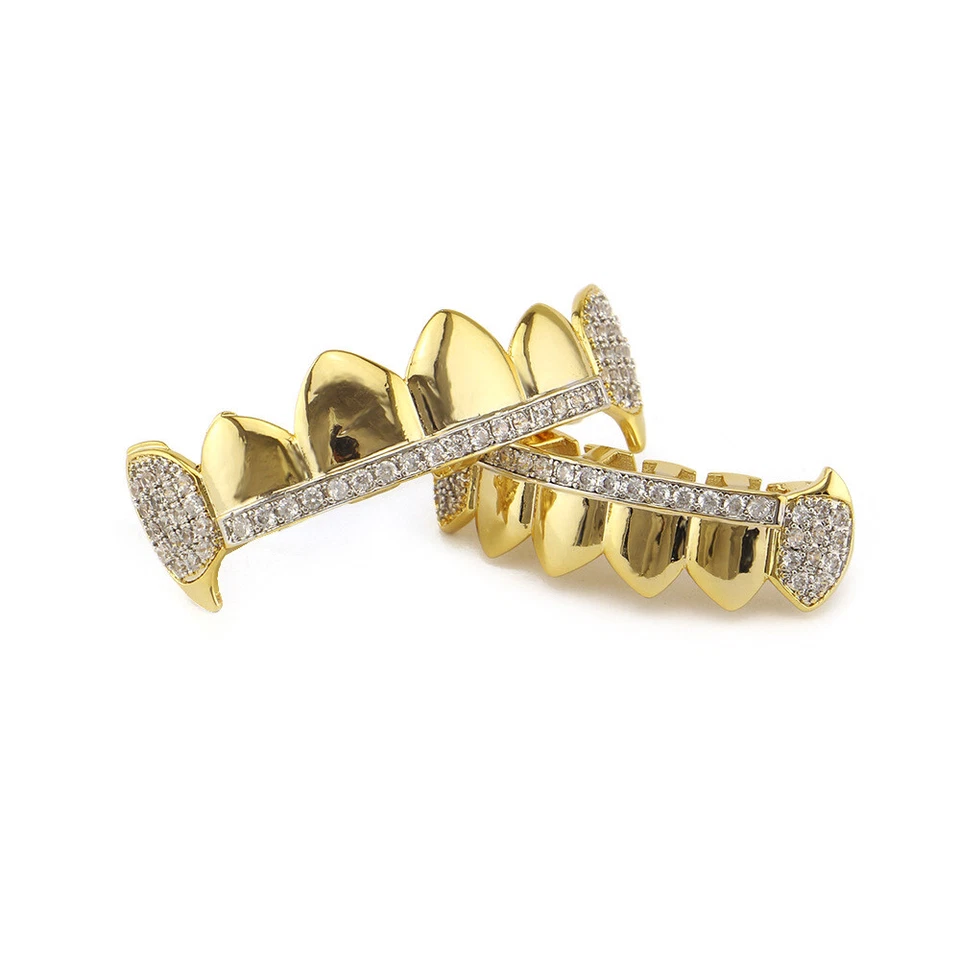Parrillas de Hip Hop Colmillos Top Bottom Set 5A+ CZ Dientes plateados en oro de 18K Grillz Foto 3 de 4