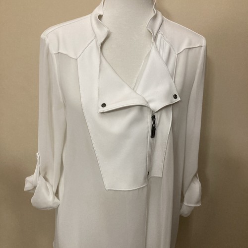 Joseph Ribkoff Roll Tab Sheer Sleeve Asymmetric Zip White Tunic Size 12 - Picture 7 of 12