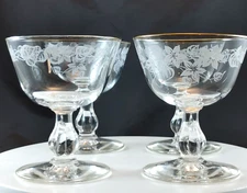 Vtg Set of 4 Libbey Etched Coupe Cocktail Glass Champagne Gold Rim 3003-18