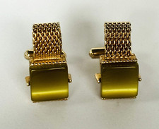 Vintage Swank Green Stone Men's Cuff Links Gold Tone Mesh Wrap