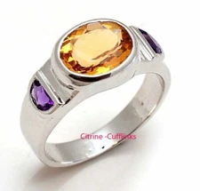 Natural Citrine & Amethyst  Gemstones with 925 Sterling Silver Ring For Men's #2