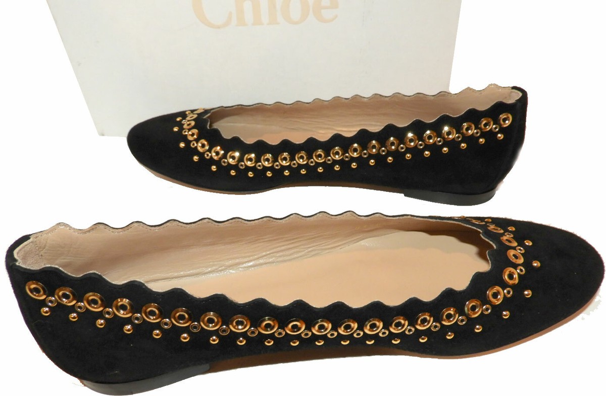 Chloe Lauren Flats Scalloped Studded Ballet Black Suede Shoes