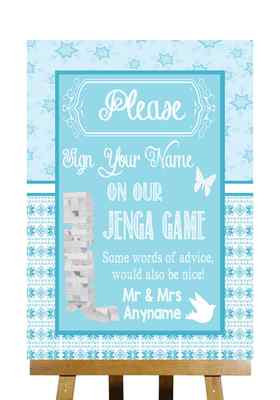 Personalisiertes Hochzeitsschild Winter blau Weihnachten Jenga Spiel Botschaft