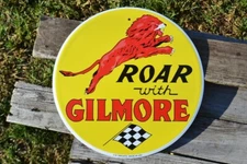 Roar With Gilmore Tin Metal Sign - Gasoline - Gilmore Oil Company - Red Lion Gas