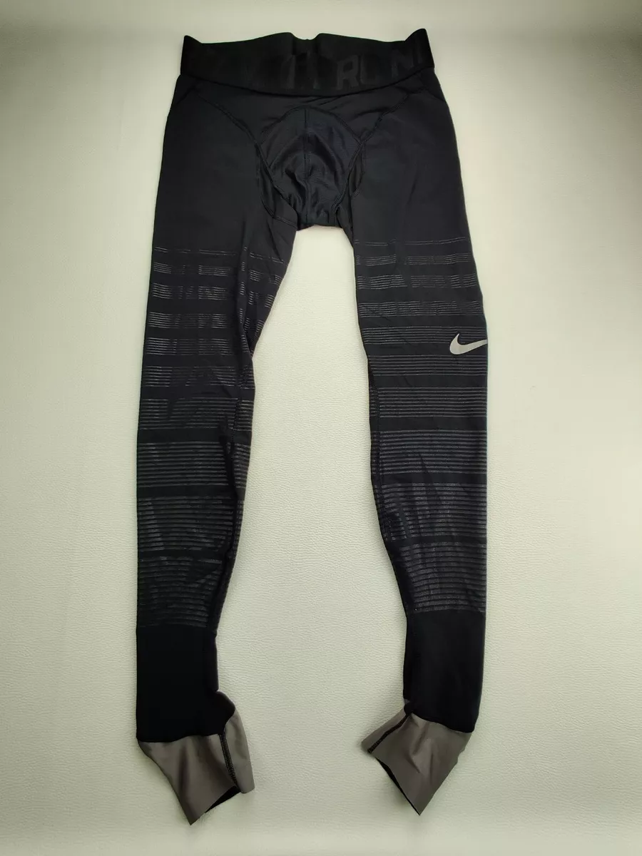 Nike Pro Combat Dri-Fit Adult L Black/Grey/Black Striped Foot Straps  Leggings