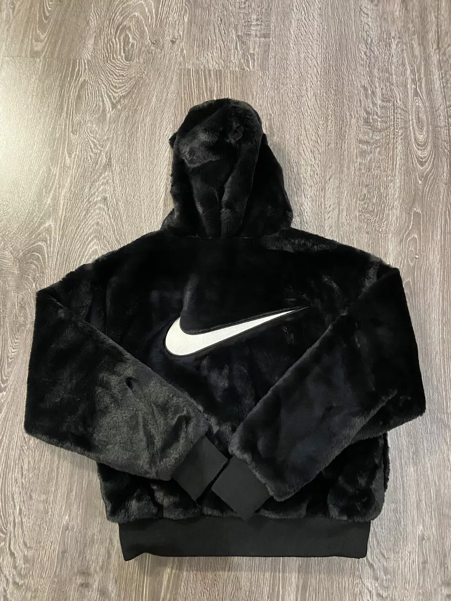 Nike Sportswear Essentials Hoodie DD5116-010 Faux Fur Black White Size S NEW