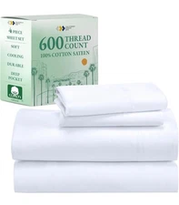 California Design Den King Sheet Set Extra Long 600TC Bright White Staple Cotton