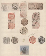 FRANCE 1840-1860s COLLECTION OF 20 LADY JUSTICE COURT STAMPS IMPRINTED REVENUES