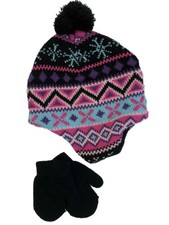 Infant Girls Black Nordic Print Knit Baby Pom Beanie Mittens Trapper Hat Set